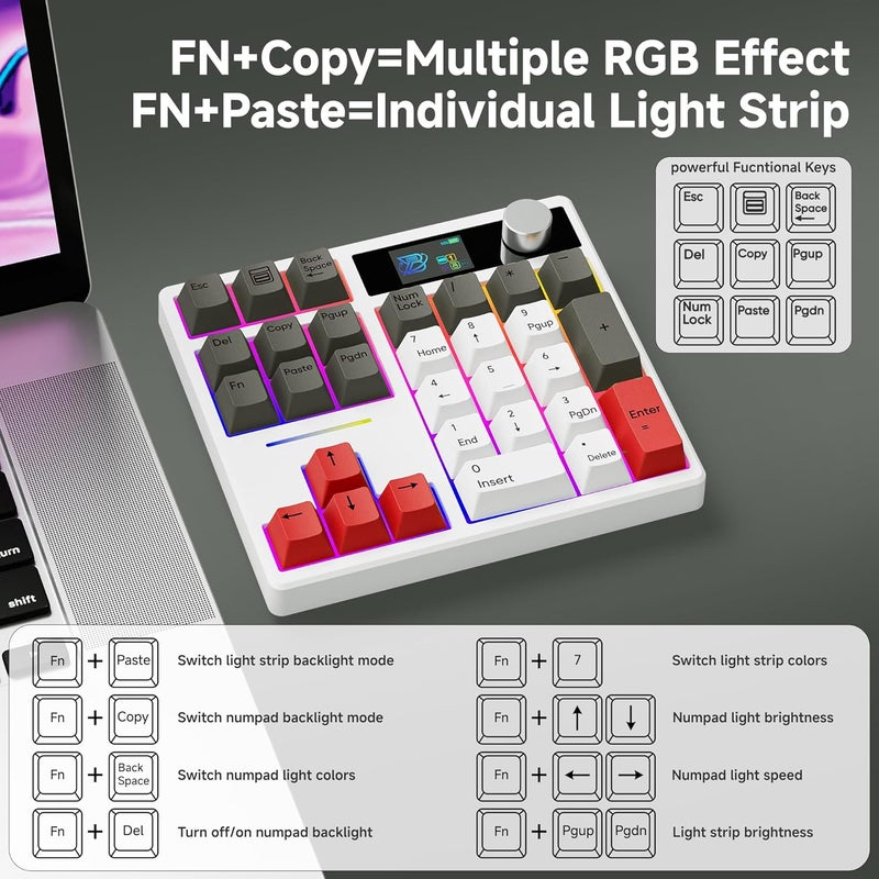 Boyi TD31Pro Mechanical Number Pad,Bluetooth5.0/2.4G/Type-C Wireless Numeric Keypad,RGB HotSwap Numpad with Screen&Knob,PBT Keycaps Rechargeable Gasket Number keypad for Working/Gaming(White-Grey) - Image 5